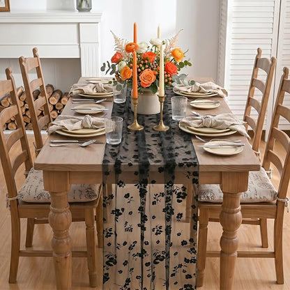 Artoid Mode Black Gauze Flocking Flowers Table Runner 10FT, Halloween Sheer - Image 2