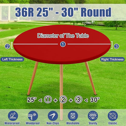 Round Spandex Christmas Tablecloth 2 Pack, Elastic Fitted Waterproof Tablecloths for 25"-30" Tables, Stretch Washable Picnic Table Cover for Camping, Dining, Indoor and Outdoor, Red