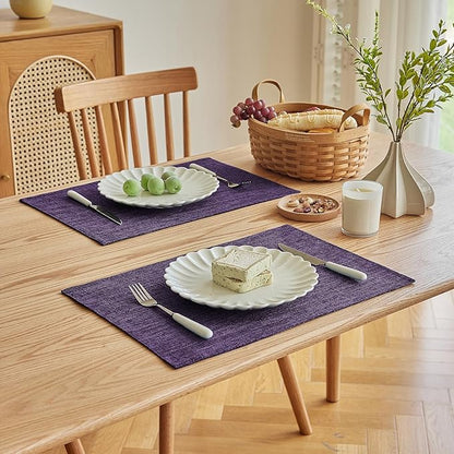 Softalker Faux Linen Placemats Set of 4-12 x 18 Inch, Heat Resistant Double Layered Durable Burlap Farmhouse Place Mats, Non-Slip Washable Rustic Table Mats for Dining, Kitchen, Party（Purple