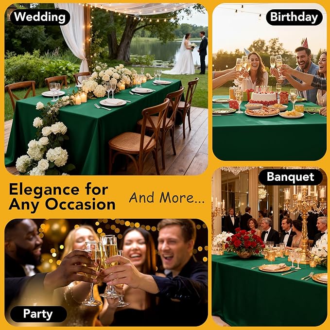 6-Pack Hunter Green Tablecloths for Square Tables, 70 x 70 Inches, Stain-Resistant Polyester Fabric for 3 Foot Tables - Washable Table Covers for Weddings, Banquets, Birthday Parties, Events