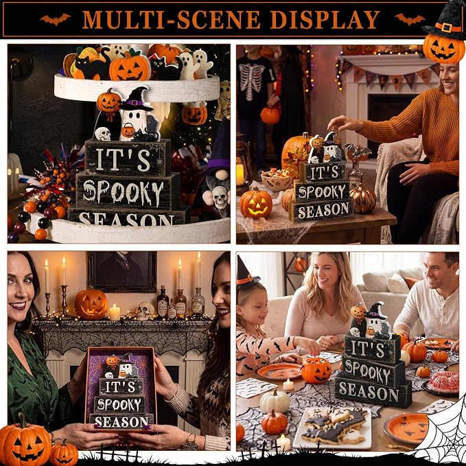 Moucuny 4 Pcs Halloween Table Decoration Pumpkin Ghost Wooden Stacked Block - Image 5