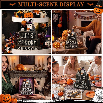 Moucuny 4 Pcs Halloween Table Decoration Pumpkin Ghost Wooden Stacked Block - Image 5