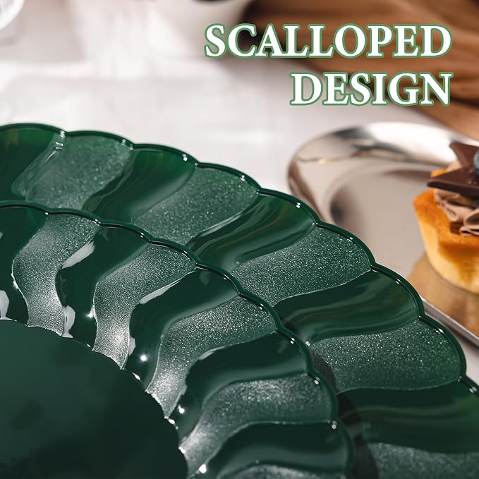 Lullaby 60PCS Green Scalloped Plastic Plates, Disposable Plates - Image 3