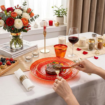 Rubtlamp 700Pcs Red Gold Plastic Dinnerware Set, Hammered Red Gold Plates - Image 5