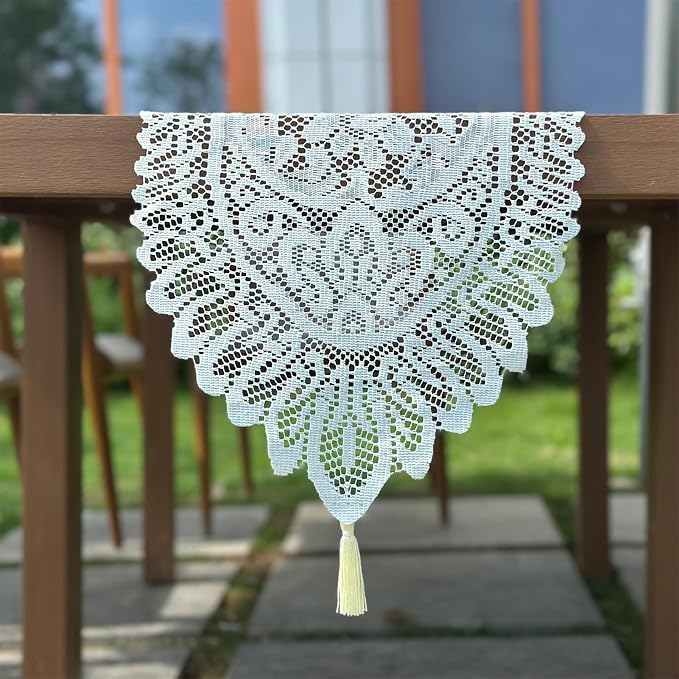 2Pcs Lace Table Runners with Tassels, Farmhouse Boho Doily Vintage Floral - Image 8