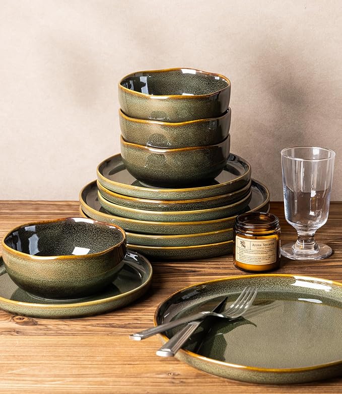 Ceramic Dinnerware Set for 4, 12-Piece Plates and Bowls Set | Handmade Reactive - Image 6