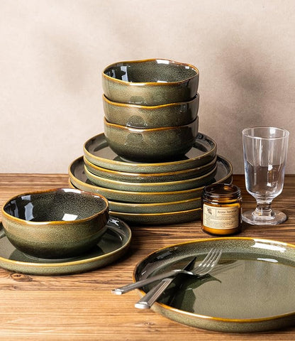 Ceramic Dinnerware Set for 4, 12-Piece Plates and Bowls Set | Handmade Reactive - Image 6