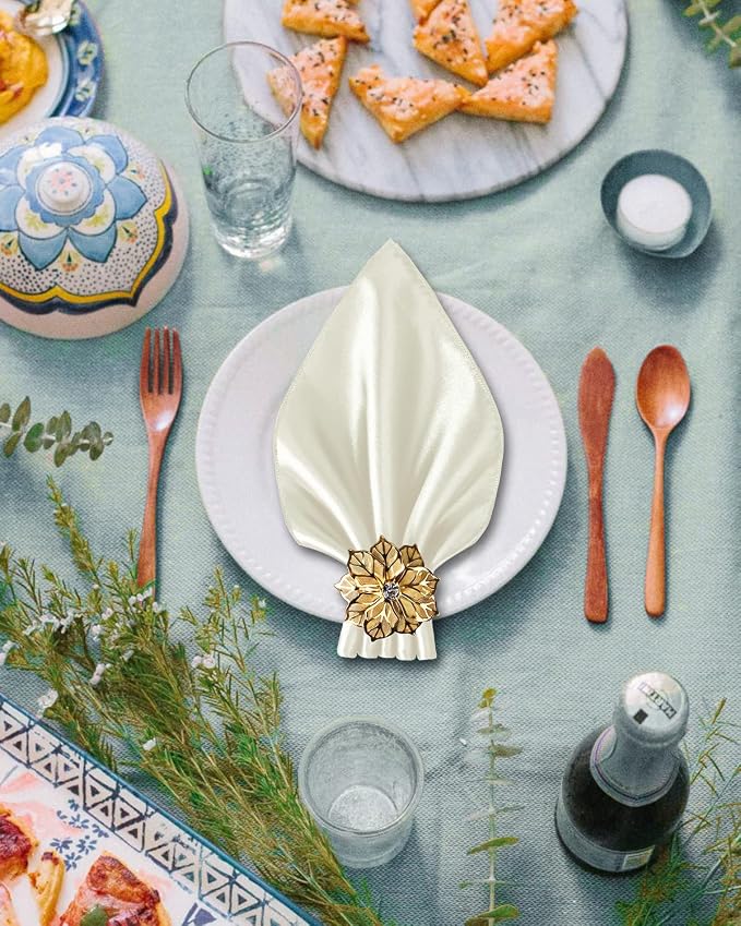 12 Pack Gold Napkin Rings and Cloth Napkins Set of 6, 17x17 Satin Cocktail - Image 2