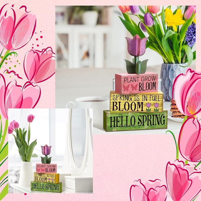Moucuny 4 Pcs Spring Table Decoration Wooden Stacked Block Decor - Image 6