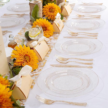 WDF 200PCS Gold Plastic Plates - Gold Glitter Plastic Plates - Heavy Duty Gold Glitter Disposable Plates - Include 100 Dinner Plates 10" and 100 Dessert Plate 7" for Party Wedding Valentine's Day