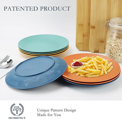 Homienly Flat Dinner Plates Set of 8 Alternative for Plastic Plates Microwave and Dishwasher Safe Wheat Straw Plates for Kitchen Unbreakable Kids Plates with Pattern (Multi, 9 inch), MS 01