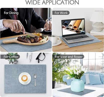 Faux Leather Placemats Set of 6 Washable Artificial Leather Table mats for Kitchen Table - Heat Resistant, Waterproof, Easy Clean, Anti Slip 11.8" x 17" (Light Blue-6 Pack)