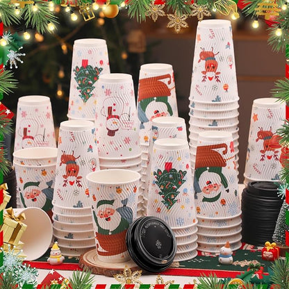 100 Count Christmas Paper Cups, Xmas 16 oz DisposableCoffee Cups Snowflake Santa Snowman Elk Christmas(16oz 100Count)