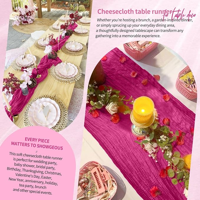 Showgeous 2 Pack Fuschia Cheesecloth Table Runners Boho Wedding Decor | Rustic - Image 8