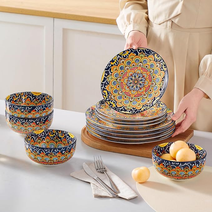 vancasso 12 Pieces Dinnerware Sets, Dark Green Plates and Bowls Set, Porcelain - Image 5