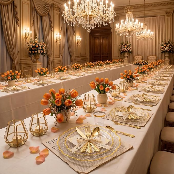 300PCS Gold Plastic Silverware, Vintage Disposable Utensils & Cutlery | 100 - Image 5