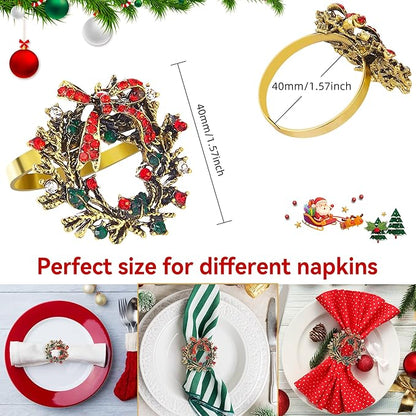 ZeeDix Christmas Wreath Napkin Rings Set of 24, Holiday Christmas Napkin Ring Holders for Cloth Napkins, Serviette Buckles for Thanksgiving Holiday Dinner Party Table Setting