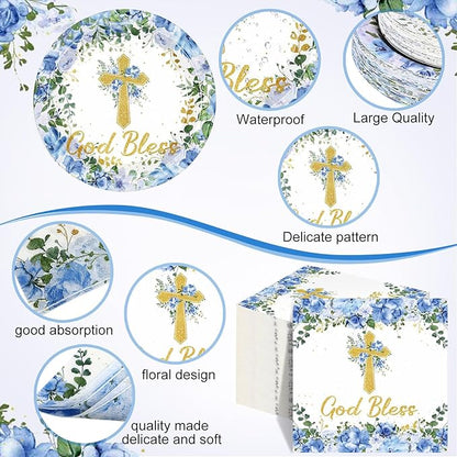 Pickmesh 250 Pcs Blue Baptism Cross Disposable Tableware Set First Holy Communion Baptism Disposable Paper Plates Napkins and Cups for Christening Celebration Baby Shower Religious Supplies