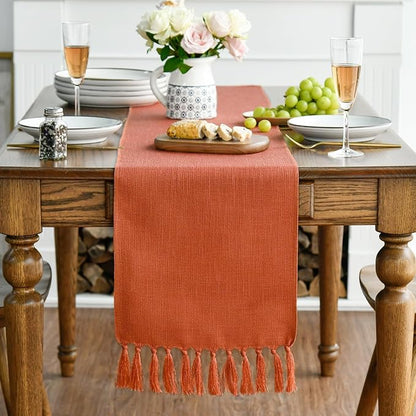 Artoid Mode Terracotta Orange Tassel Table Runner, Fall Linen Blend Rustic - Image 3