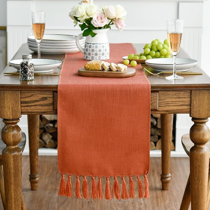 Artoid Mode Terracotta Orange Tassel Table Runner, Fall Linen Blend Rustic - Image 3