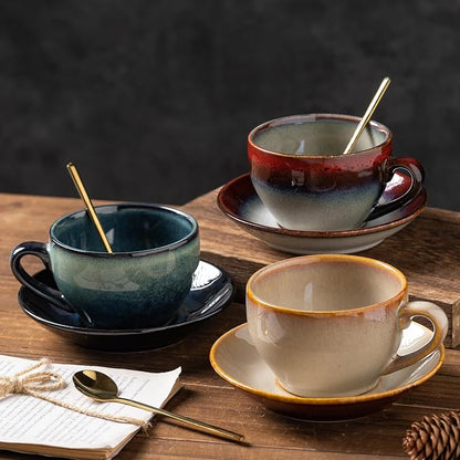 Porcelain Coffee Cup with Saucer Spoon, Vintage Design Ceramic Latte Art - Image 8