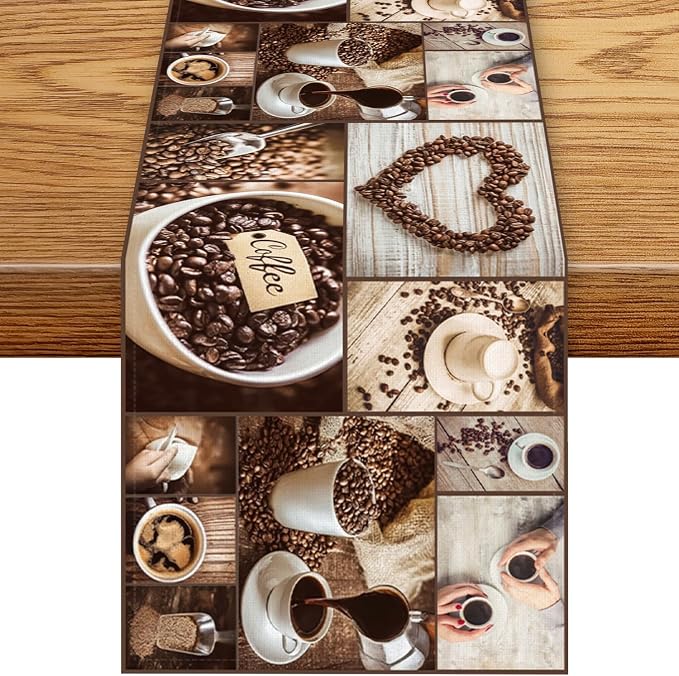Coffee Time Table Runner, Rustic Coffee Theme Cafe Cup Latte Cappuccino Tea by Unknown