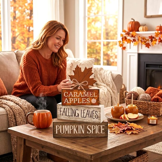 Moucuny 4 Pcs Fall Decor Wooden Maple Leaf Decoration Thanksgiving Tiered Tray - Image 4