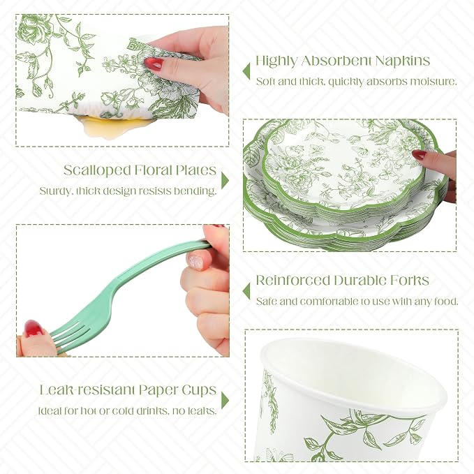Kochorie 144 Pieces Sage Green Floral Paper Plates and Napkins Party Supplies - Image 3