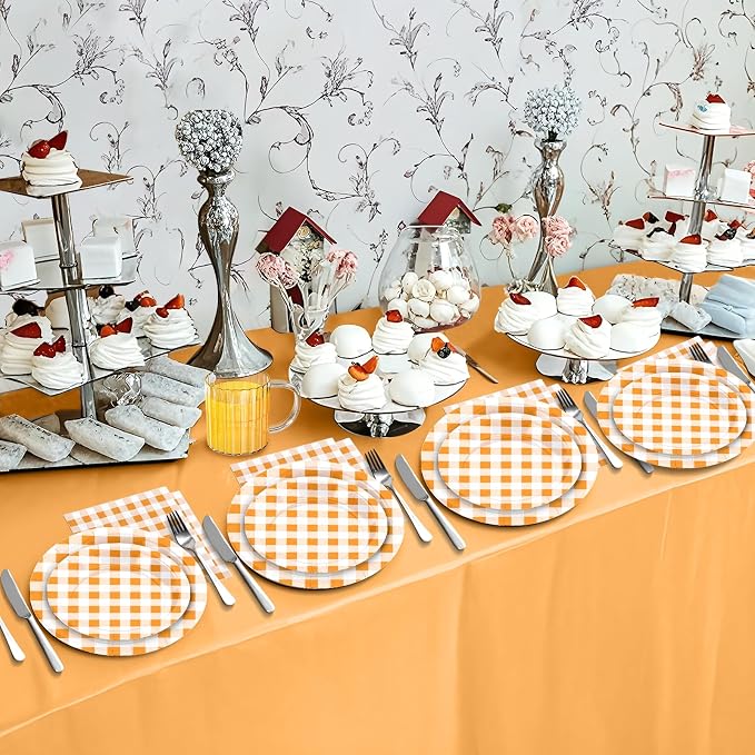 180Pcs Orange Gingham Party Supplies Paper Plates and Napkins Serve 60 | - Image 7