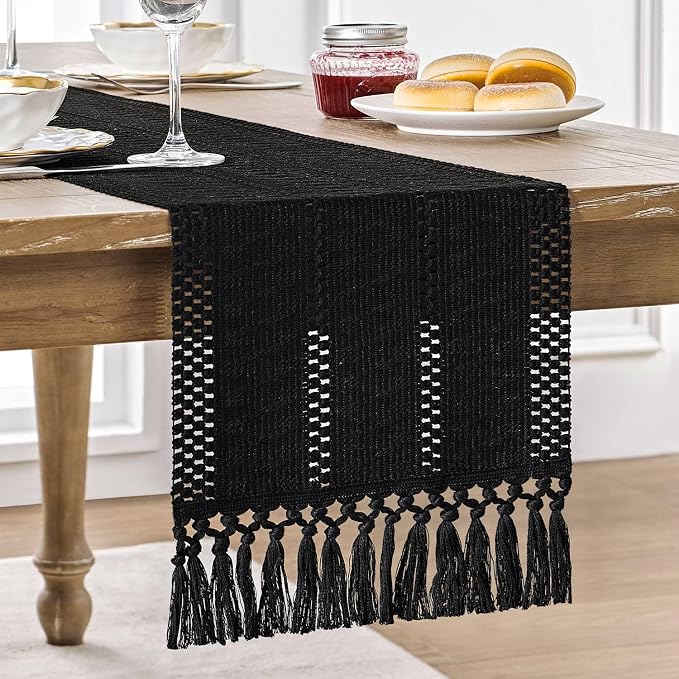 Macrame Style Boho Table Runner, 12x36 Inch Black | Woven Boho Table Runner by ZEEMARTONLINE