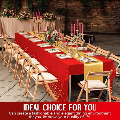 Breling 24 Pack Red and Gold Disposable Plastic Tablecloths and Satin Table Runner Set, 54 x 108 Inch Tablecloth, 12 x 108 Inch Table Runners for Wedding Graduation Birthday Baby Shower New Year