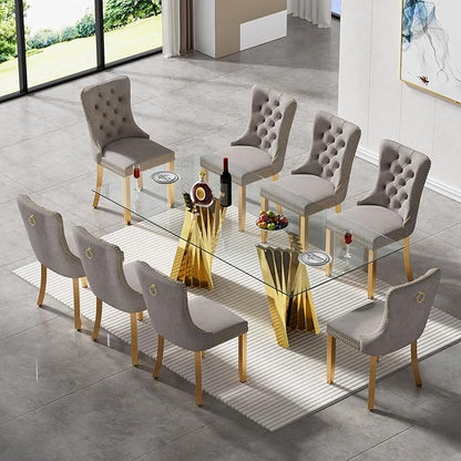 SSLine 9 Piece Glass Dining Table Set,70" Dinner Room Glass Table Set for 8,Modern Kitchen Dinner Table Set with Stainless Steel Base and 8 Upholstered Velvet Dining Chairs for Living Dining Room