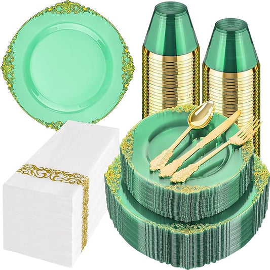 Hioasis 350pcs Green and Gold Plastic Plates - Green Party Plates for 50 Guest, Include 100 Heavy-duty Plates(20% Thicker Than Standard), 150 Cutlery Set, 50 Napkin, 50 Cups for St. Patrick's Day
