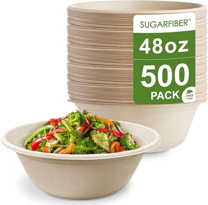 48oz Compostable Paper Bowls Disposable Round Natural Large Bowls, Biodegradable by HarvestPackGOURMETSHOWCASE