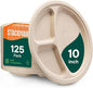 100% Compostable, 3 Compartment, Disposable Paper Plates [125-Pack] - {PFAS Free} - {BPA Certified} - [10 Inch] Heavy Duty Biodegradable Bagasse Sectional Lunch Trays + Dividers - Divided Platte Tray