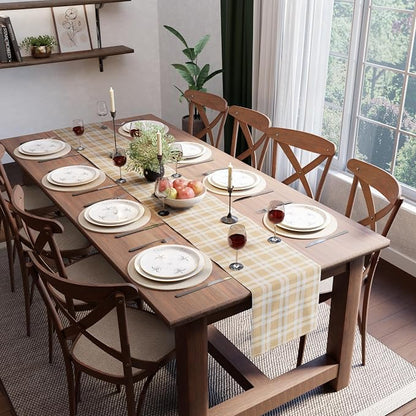 Encasa XO Table Runner, Woven Cotton Dining Runner 13"x94" Franca Beige Checks - Image 9