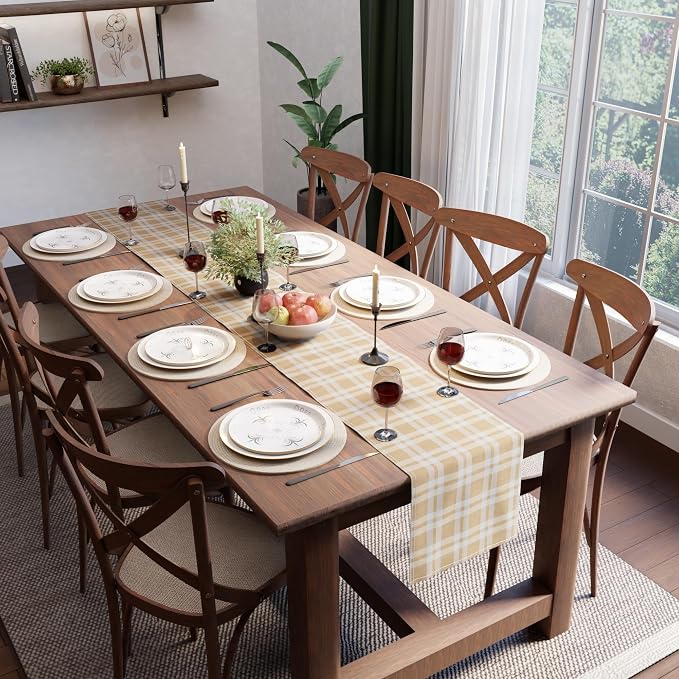 Encasa XO Table Runner, Woven Cotton Dining Runner 13"x59" Franca Beige Checks - Image 9