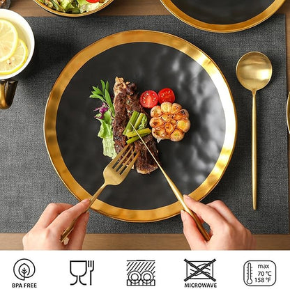 vicrays Ceramic Dinner Plates Set, 10 Inch, Set of 6, Round, Dishwasher Safe, NOT Microwave Safe, Suitable for Steak, Pasta, Home, Party, Restaurant（Black with Golden）