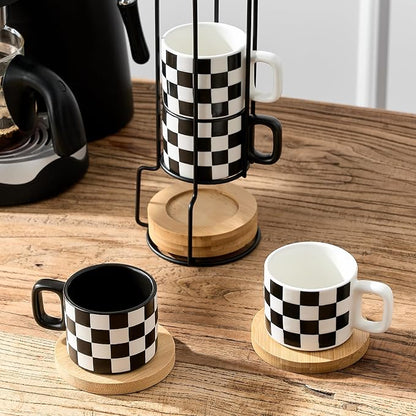 LUKA Ceramic Stackable Black and White Checkered Espresso Cups - Image 7