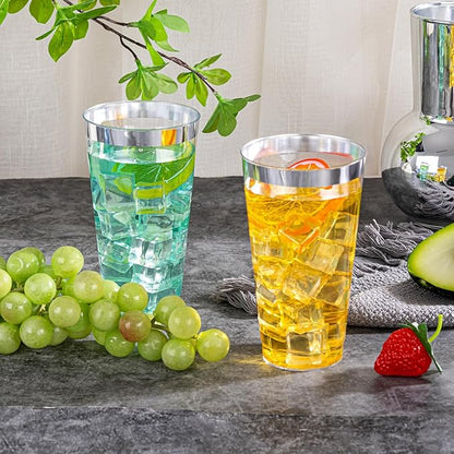 I00000 16 oz Silver Plastic Cups, 50 Pack Clear Plastic Cups,Silver Rimmed Disposable Cup, Heavy-duty Disposable Tumblers Perfect for Party, Holiday, Wedding & Birthday