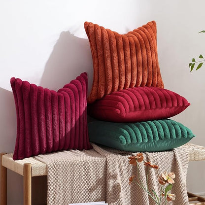 decorUhome Cozy Faux Fur Spring Throw Pillow Covers 16x16 Set of 2 Decorative Soft Plush Striped Modern Farmhouse Boho Couch Pillow Cases with Velvet Back for Sofa Bed Living Room, Red