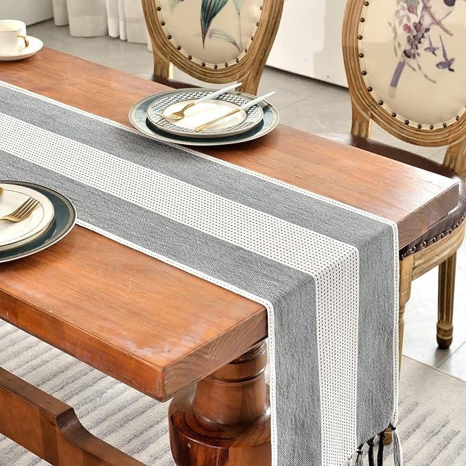 Wracra Linen Table Runner, Stripe Table Runners 36 Inches Long Black | Delicate - Image 6