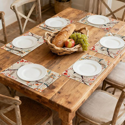 Vintage Bird Painting Placemats Set of 6, Linen Washable for Christmas, Thanksgiving, Party, and Daily Dining, Decorative Table Mats for 4-6 Person Table