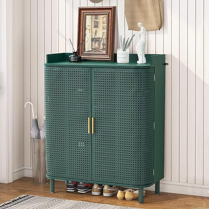 ORRD Shoe Cabinet, 5 Tier Boho Wooden Shoe Storage Organizer Cabinet with Adjustable Shelves, Shoes Rack with Iron Rattan Curved Doors Accent Cabinet for Entryway Hallway Living Room, Green