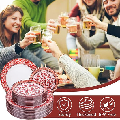Hioasis 60pcs Red Plastic Plates Set - Floral Red & White Porcelain Design, 10.25" Dinner & 7.5" Dessert Plates Disposable for Christmas (Dishwasher Safe, Art Style)