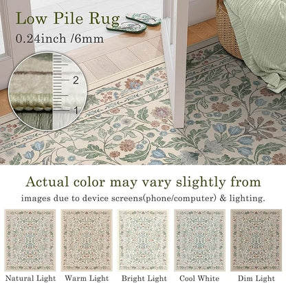 3x5 Washable Area Rug Floral Beige Entryway Small Rug Vintage Forest Low Pile Non Slip Stain Resistance Soft Carpet for Kitchen, Bedroom Beside, Laundry Room, Office Rug, Kids Room, Nursery Room