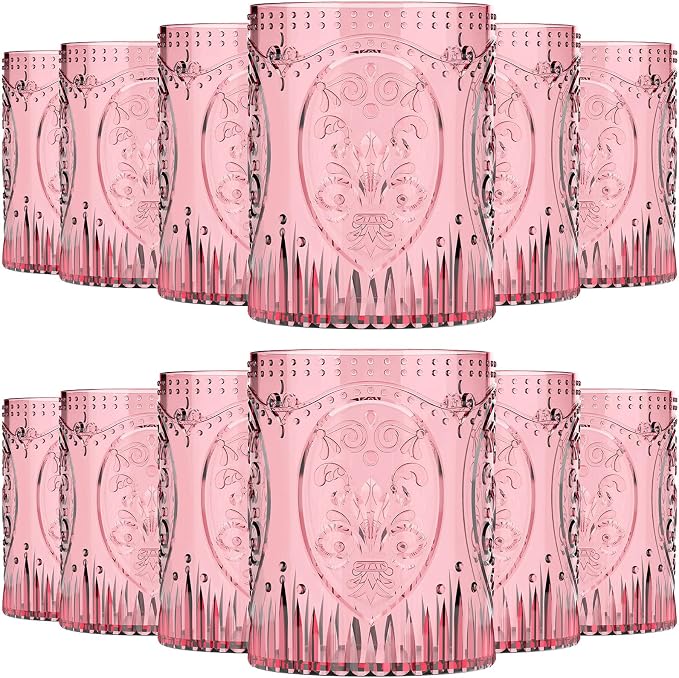Qinyoung 12 Plastic Vintage Drinking Glasses 8.5oz Stemless Retro Embossed Wine by Qinyoung