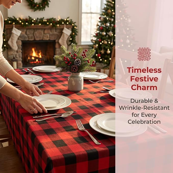 ShinyBeauty Square Tablecloth 60x60 Red Black Buffalo Plaid Cotton Cover | - Image 2