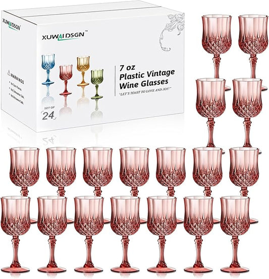 XUWAIDSGN 24 Pcs 7oz Plastic Vintage Wine Glasses Drinking Glasses Unbreakable Wedding Glassware Crystal Water Goblets Reusable Drinkware Vintage Champagne Flutes (24, Rose Gold)