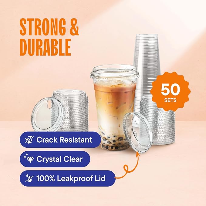 24 oz Clear Plastic Cups with Strawless Sip-Lids PET Crystal Clear Disposable - Image 2
